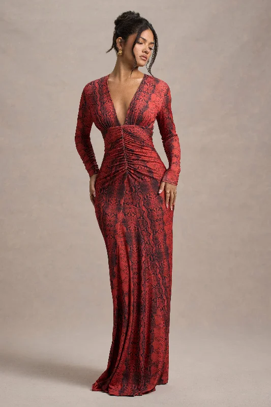 Mamba | Red Snake Print Plunge-Neck Long-Sleeve Maxi Dress Comfortable Ruffle Hem Maxi Dress