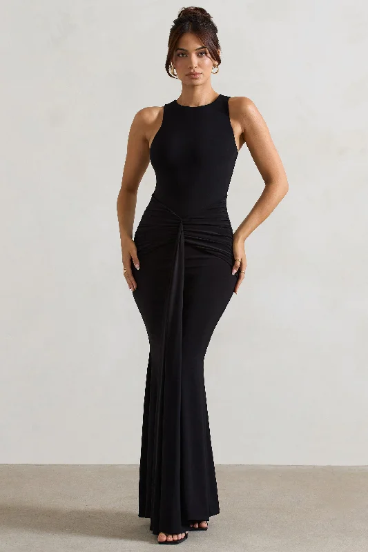 Maren | Black Racer-Neck Gathered Maxi Dress With Drape Elegant Maxi Dress with Drapes