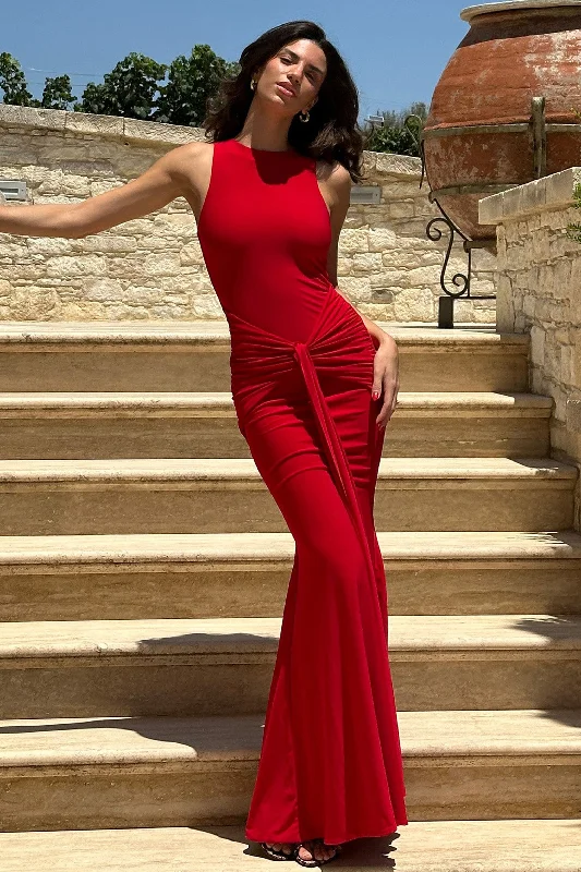 Maren | Red Racer-Neck Gathered Maxi Dress With Drape Cozy Ruffle Sleeve Maxi Dress