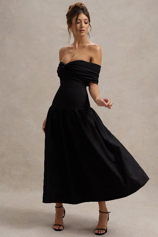 Marguerite | Black Twisted Bardot Drop-Waist Maxi Dress Stylish Boho Maxi Dress