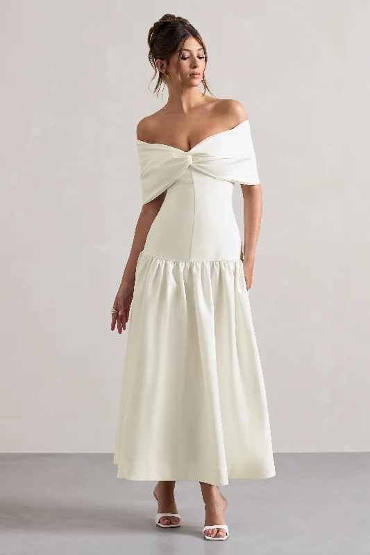 Marguerite | White Twisted Bardot Drop-Waist Maxi Dress Cozy Wrap Maxi Dress