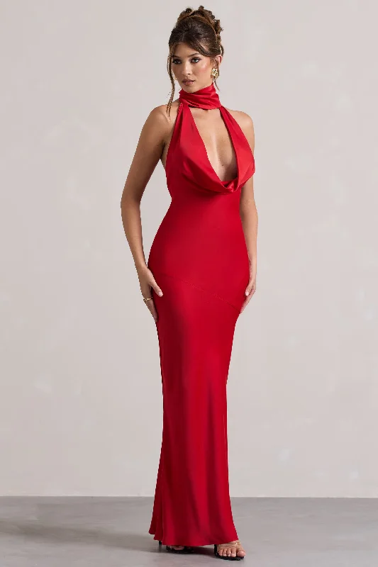 Matea | Red Satin Cowl-Neck Maxi Dress Elegant Floral Maxi Dress