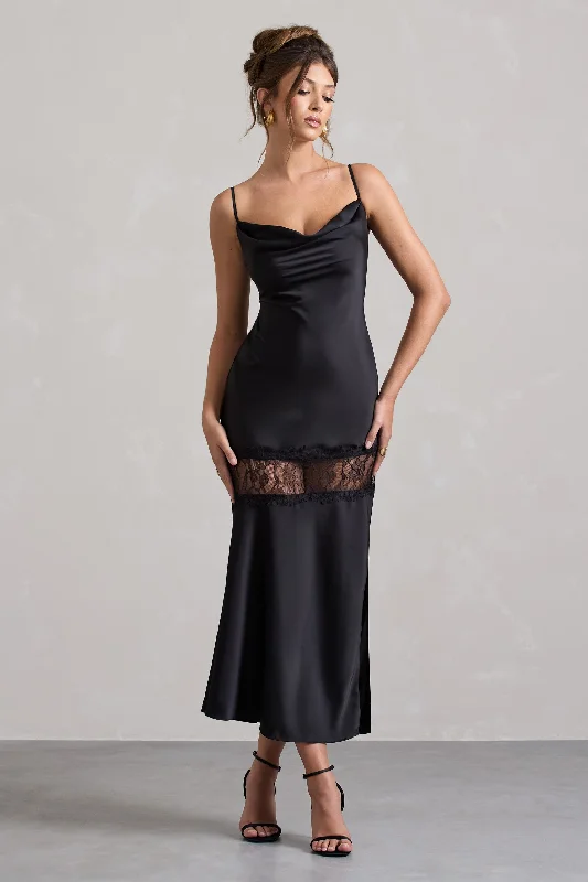 Matera | Black Satin Cowl-Neck Lace Trim Maxi Dress Fashionable Sleeveless Maxi Dress