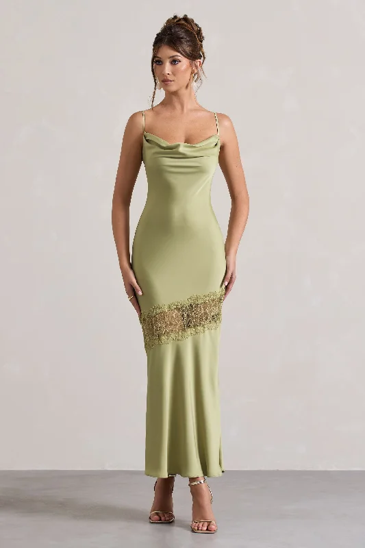 Matera | Light Olive Satin Cowl-Neck Lace Trim Maxi Dress Comfortable Maxi Dress with Belt