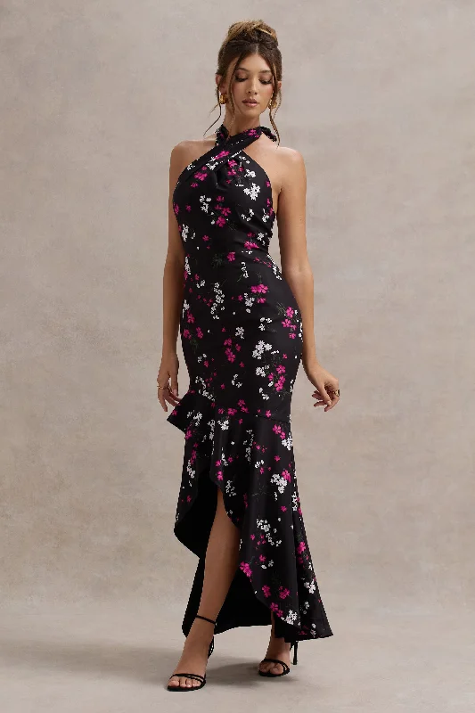 Melodia | Black Ditsy Floral Print Satin Halter-Neck Ruffled Maxi Dress Comfortable Fitted Maxi Dress