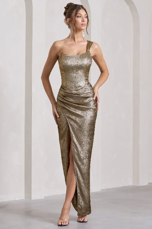 Mercy | Gold Metallic One-Shoulder Corseted Wrap Maxi Dress Chic Button-Up Maxi Dress