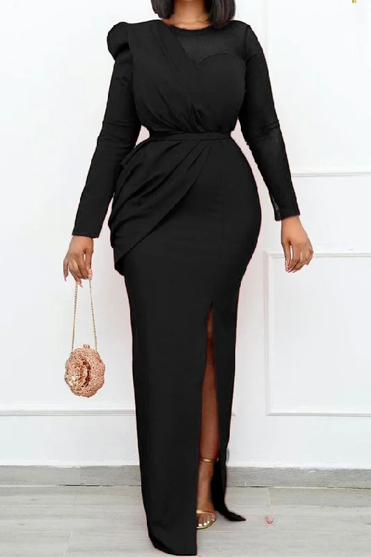 Mesh Patchwork Glamorous Ruched Design High Split Belted Maxi Dress Stylish Pleated A-Line Maxi Dress