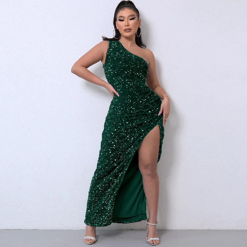 Shimmery Sequin High Split One Shoulder Gown Maxi Dress - Emerald Green Cozy Cold-Shoulder Maxi Dress