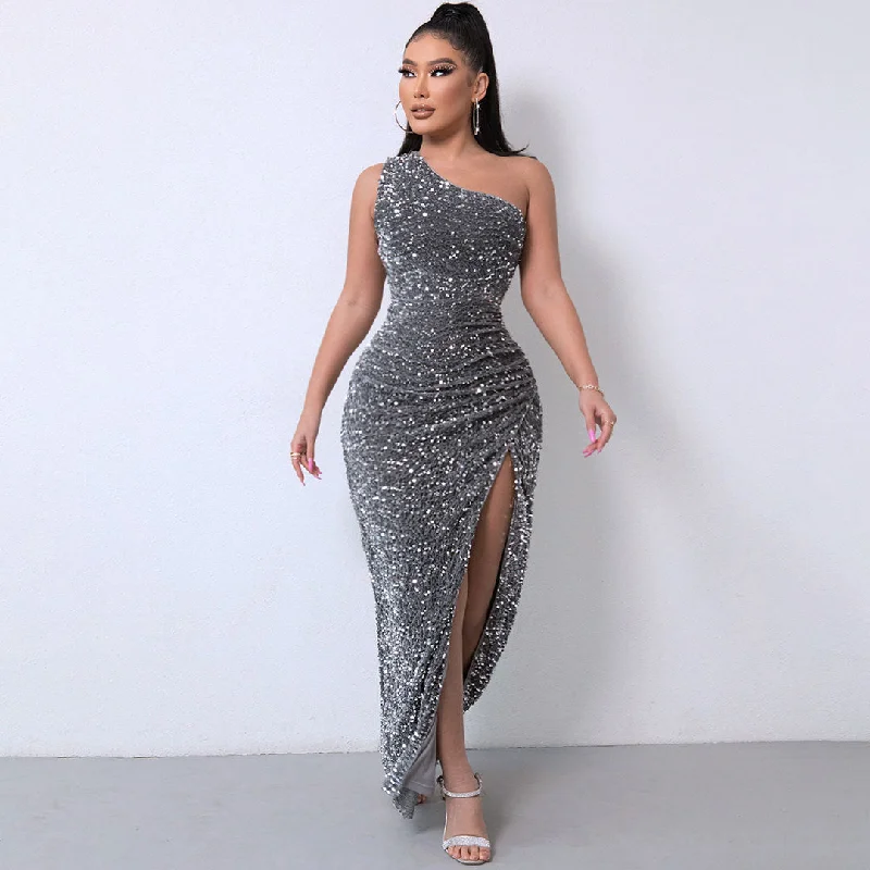 Shimmery Sequin High Split One Shoulder Gown Maxi Dress - Dark Gray Comfortable Maxi Dress with Slits