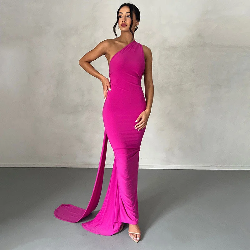 Solid Color One Shoulder Ruched Evening Maxi Dress - Hot Pink Cozy Ribbed Maxi Dress