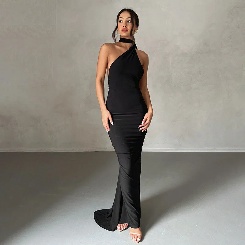 Solid Color One Shoulder Ruched Evening Maxi Dress - Black Fashionable Halter Neck Maxi Dress