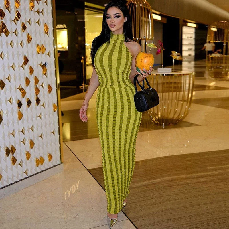 Popcorn Striped High Neck Sleeveless Bodycon Maxi Dress - Green Stylish Maxi Dress with Pleats