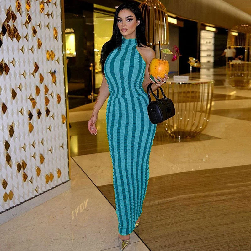 Popcorn Striped High Neck Sleeveless Bodycon Maxi Dress - Blue Cozy Open-Back Maxi Dress