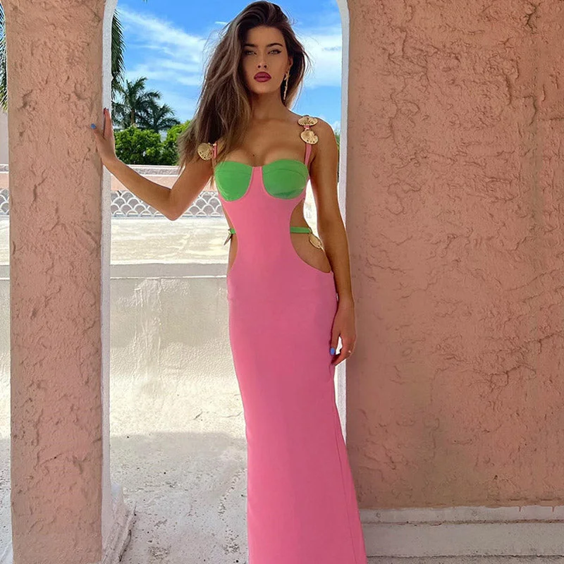 Contrast Color Shells Sleeveless Cutout Prom Maxi Dress - Pink Elegant Sleeveless Maxi Dress