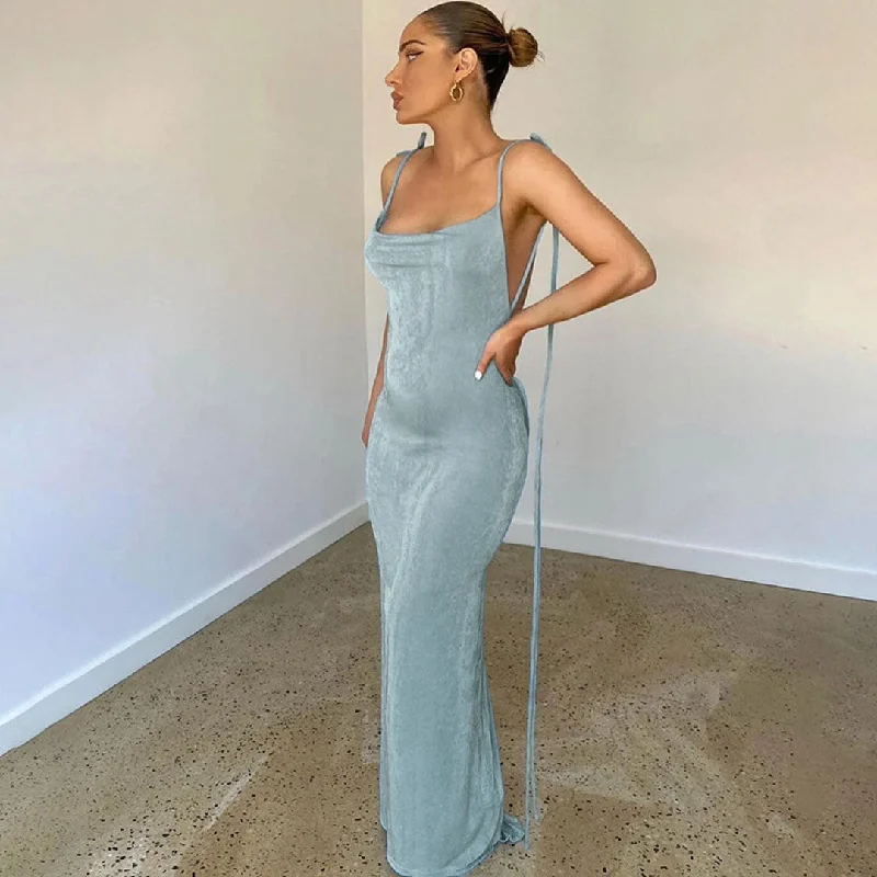 Pretty Cowl Neck Strappy Draped Maxi Dress - Denim Blue Elegant Maxi Dress with Ruffles