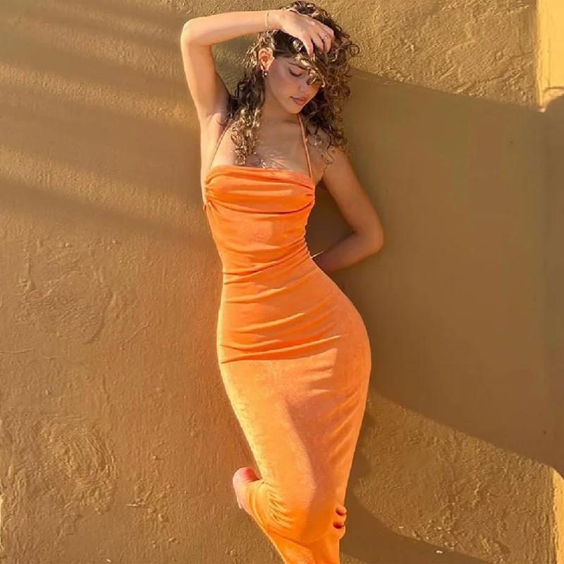 Pretty Cowl Neck Strappy Draped Maxi Dress - Bright Orange Classic V-Neck Maxi Dress