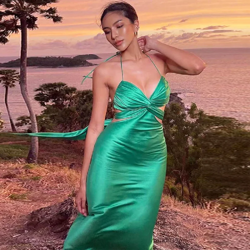 Striking Tie Back Twist Front Cut Out Satin Slip Maxi Dress - Green Fashionable Sleeveless Maxi Dress