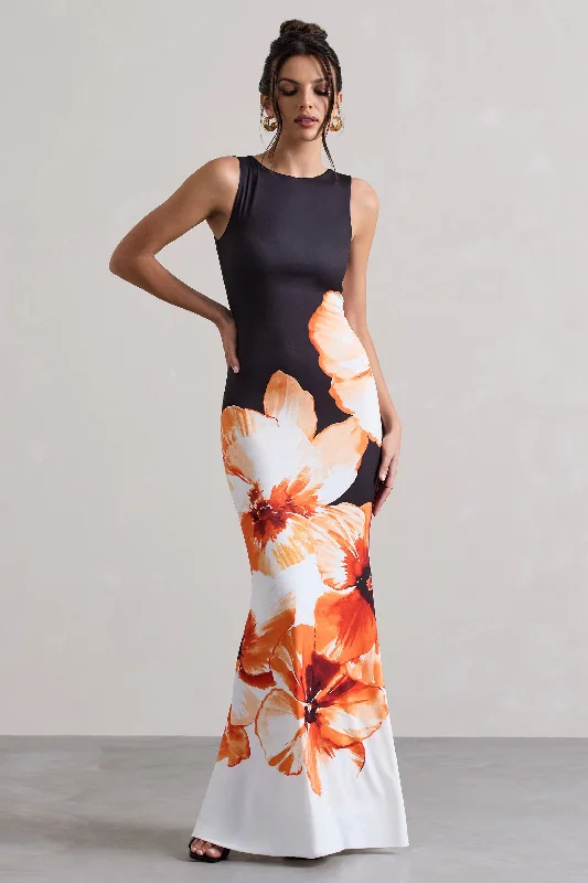 Micah | Black & Orange Floral Print Racer-Neck Maxi Dress Comfortable Plunging Neckline Maxi Dress