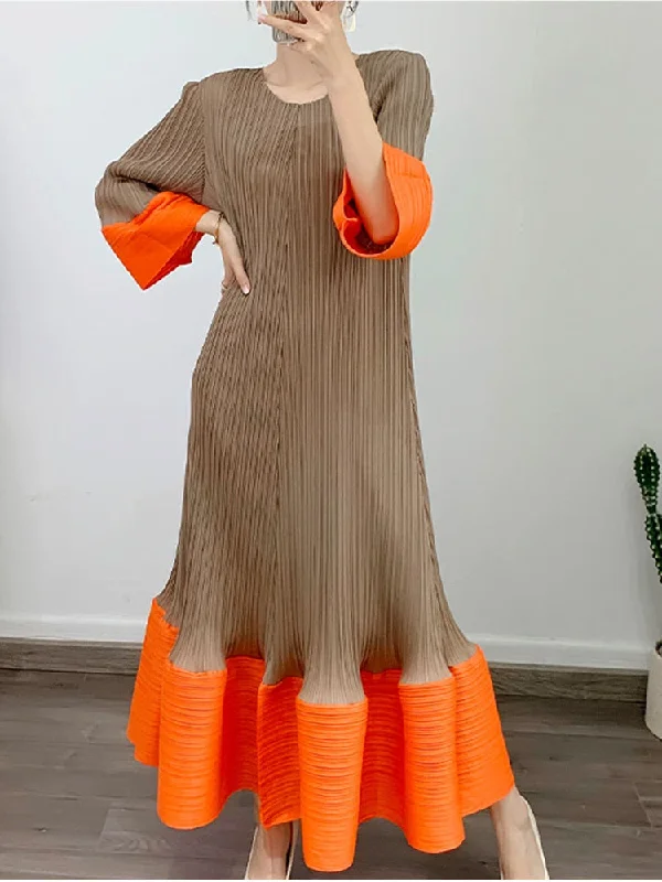 Miyake Pleated Contrast Patchwork O-Neck Maxi Dress Stylish Long Sleeve Maxi Dress