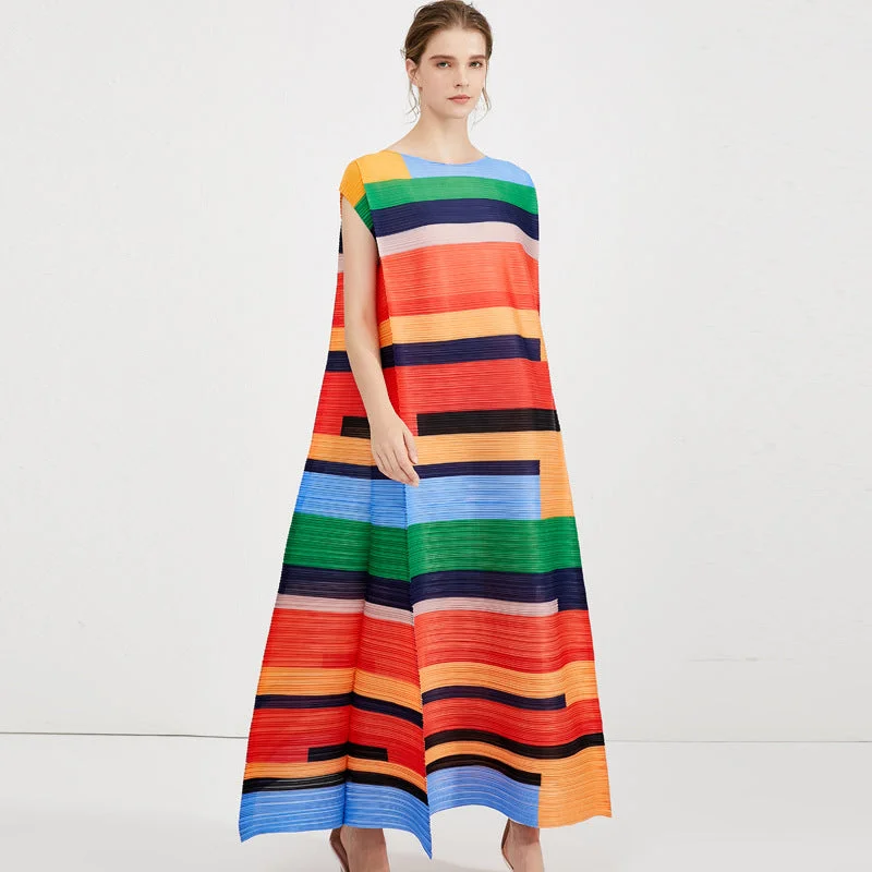 Miyake Pleated Contrast Striped Maxi Dress Classic Solid Maxi Dress