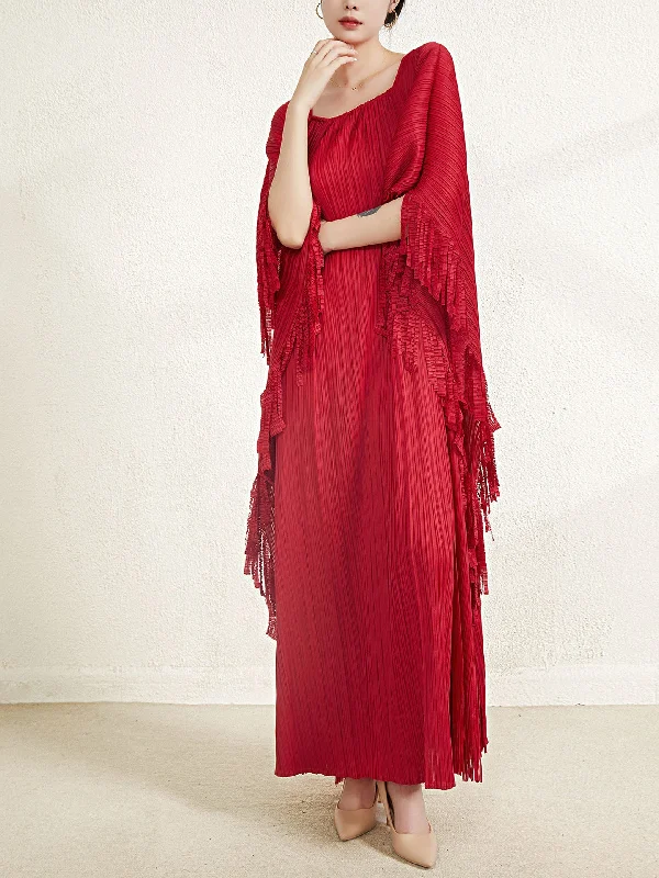 Miyake Pleated Flare Sleeves Maxi Dress with Fringe Detail Elegant Pleated Maxi Dress