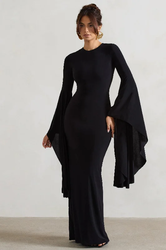 Modena | Black Waterfall Sleeve Maxi Dress Stylish Off-Shoulder Maxi Dress