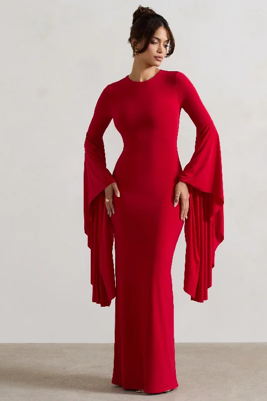 Modena | Red Waterfall Sleeve Maxi Dress Cozy Cold-Shoulder Maxi Dress