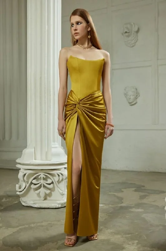 Mustard Draped Satin Corset Maxi Dress Trendy V-Neck Maxi Dress