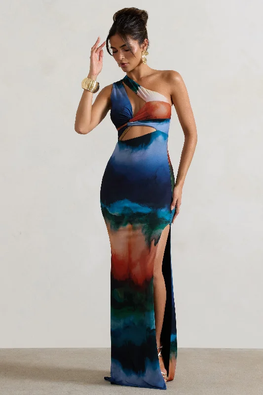 Mykonos | Multi Blur Print Asymmetric Cut-Out Split Maxi Dress Elegant Maxi Dress with Lace