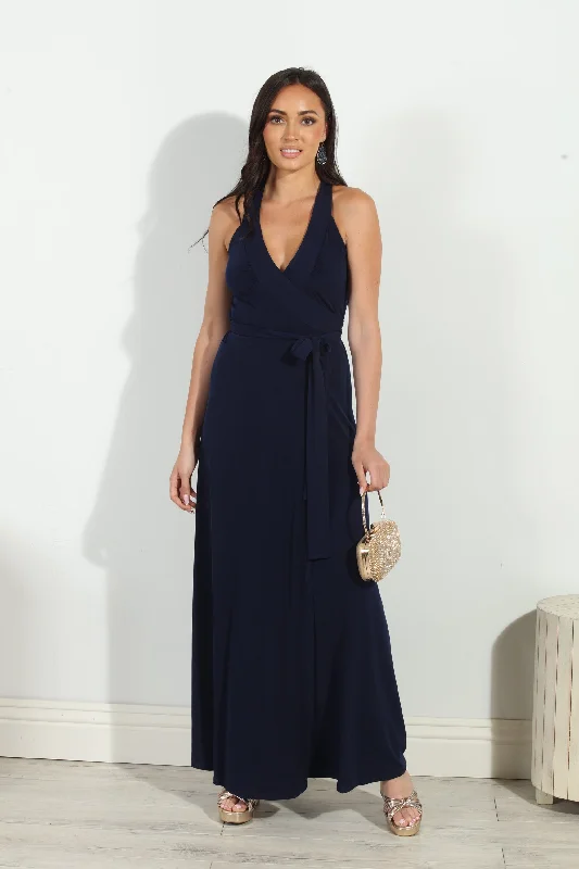 Navy Wrap Maxi Dress Comfortable Pleated Maxi Dress