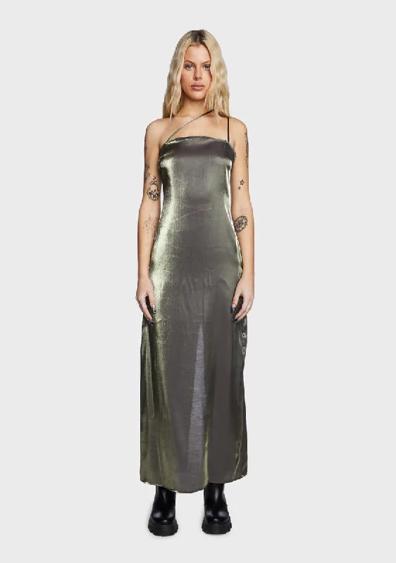 Olive Iridescent Maxi Dress Comfortable Ruffle Hem Maxi Dress