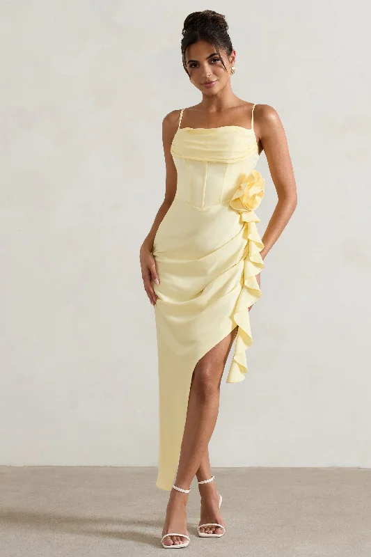 On The List | Lemon Asymmetric Corset Maxi Dress With Floral Drape Stylish A-Line Maxi Dress