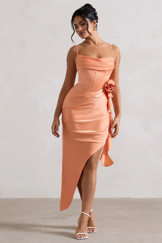 On The List | Peach Asymmetric Corset Maxi Dress With Floral Drape Fashionable High-Low Maxi Dress