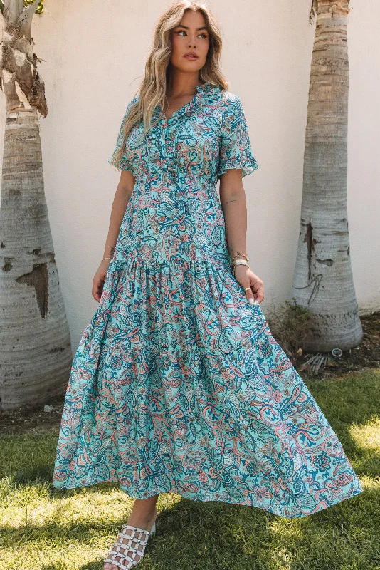 Paisley Boho Ruffle Tiered Maxi Dress Elegant Pleated Maxi Dress