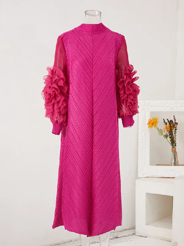 Miyake Pleated Ruffles Long Sleeve Maxi Dress Comfortable Maxi Dress with Sleeves