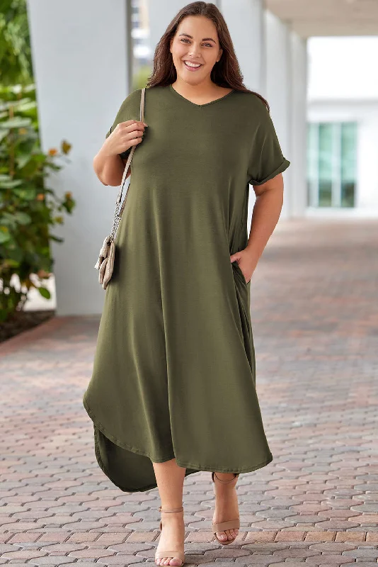 Plus Size Rolled Cuffs Maxi Dress Fashionable Button-Down Maxi Dress