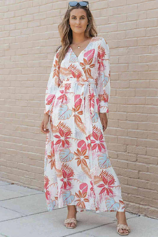 Printed Tie Waist Maxi Dress Cozy Ruffle Sleeve Maxi Dress