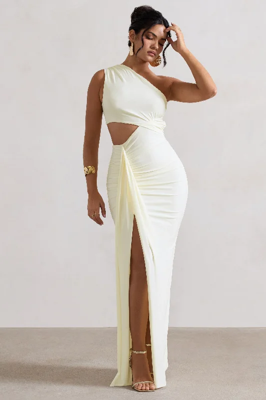 Rhodes | Ecru One-Shoulder Cut-Out Split Maxi Dress With Drape Classic A-Line Maxi Dress