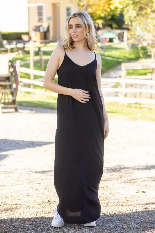 River Maxi Dress Black Cozy Spaghetti Strap Maxi Dress