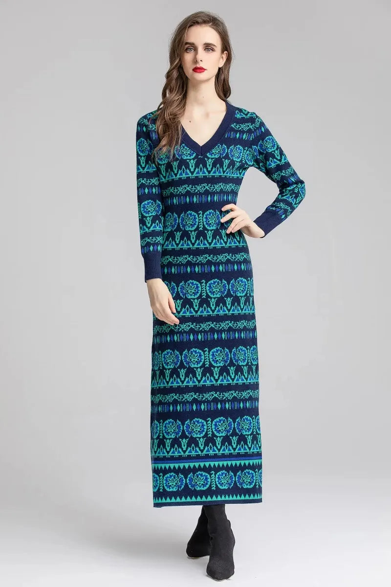 Vintage Geometric Pattern V-Neck Knitted Maxi Dress Comfortable Bohemian Maxi Dress