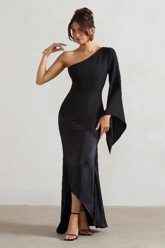 Salem | Black Asymmetric Cape-Sleeve Maxi Dress With Satin Skirt Comfortable Maxi Dress with Sleeves