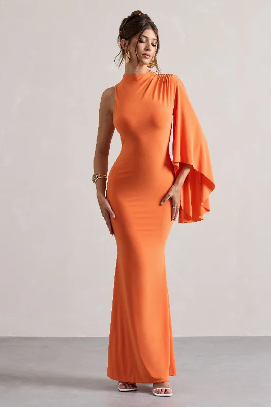 Samaya | Orange High-Neck Cape-Sleeve Maxi Dress Cozy Knitted Maxi Dress