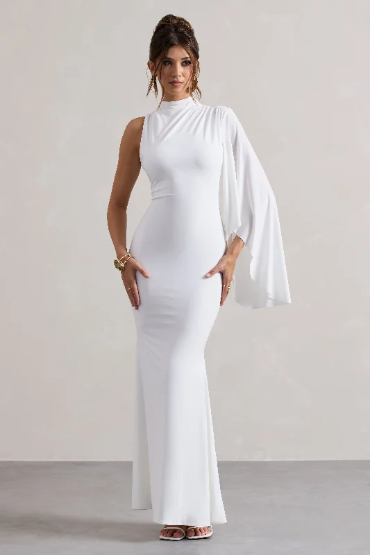 Samaya | White High-Neck Cape-Sleeve Maxi Dress Trendy Button Front Maxi Dress