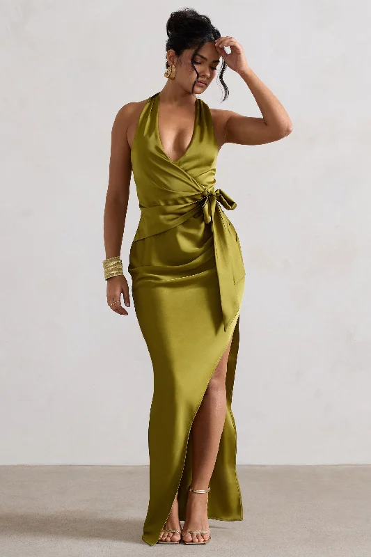 Santorini | Olive Satin Plunge-Neck Wrap Maxi Dress Chic Summer Floral Maxi Dress