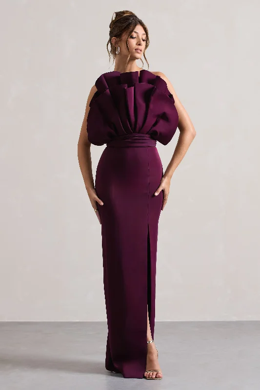 Set The Bar | Plum Ruffled Strapless Split Maxi Dress Comfortable Satin Maxi Dress