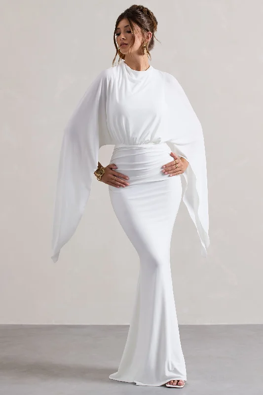 Shea | White High-Neck Cape Sleeve Maxi Dress Stylish Empire Waist Maxi Dress