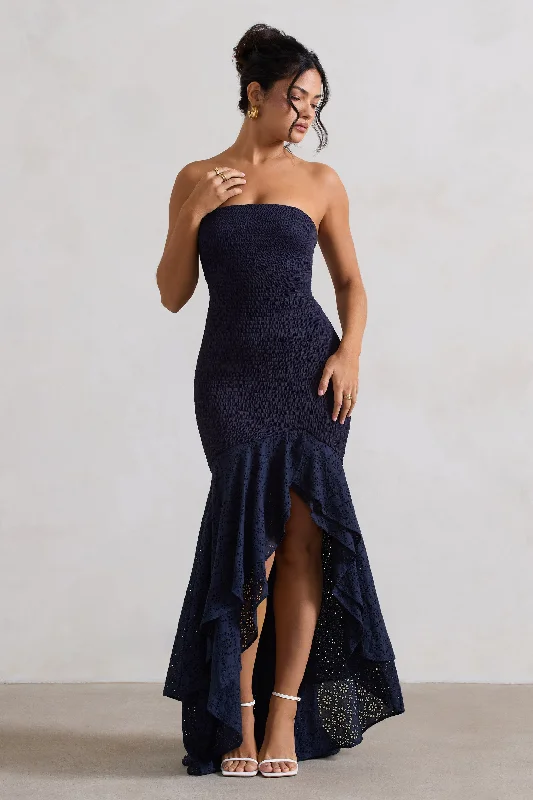 Solange | Navy Broderie Bandeau High-Low Maxi Dress Elegant Maxi Dress with Pockets