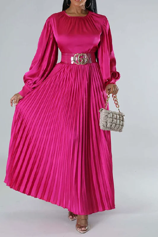 Solid Color Classic Pleated Maxi Dress Trendy Ruffled Maxi Dress