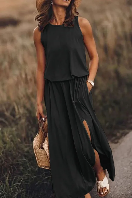 KaleaBoutique Solid Sleeveless Tunic Maxi Dress with Split Comfortable Maxi Dress with Slits