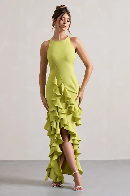 Sommer | Lime Green Racer-Neck Ruffle Maxi Dress Cozy Cold-Shoulder Maxi Dress